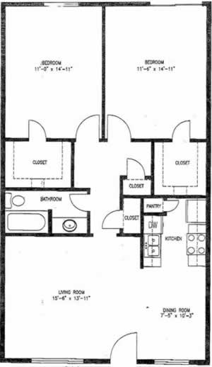 B1B - Two Bedroom / One Bath / 975 Sq. Ft.*
