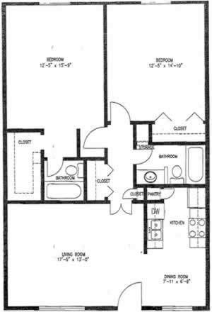 B1A - Two Bedroom / One Bath / 945 Sq. Ft.*